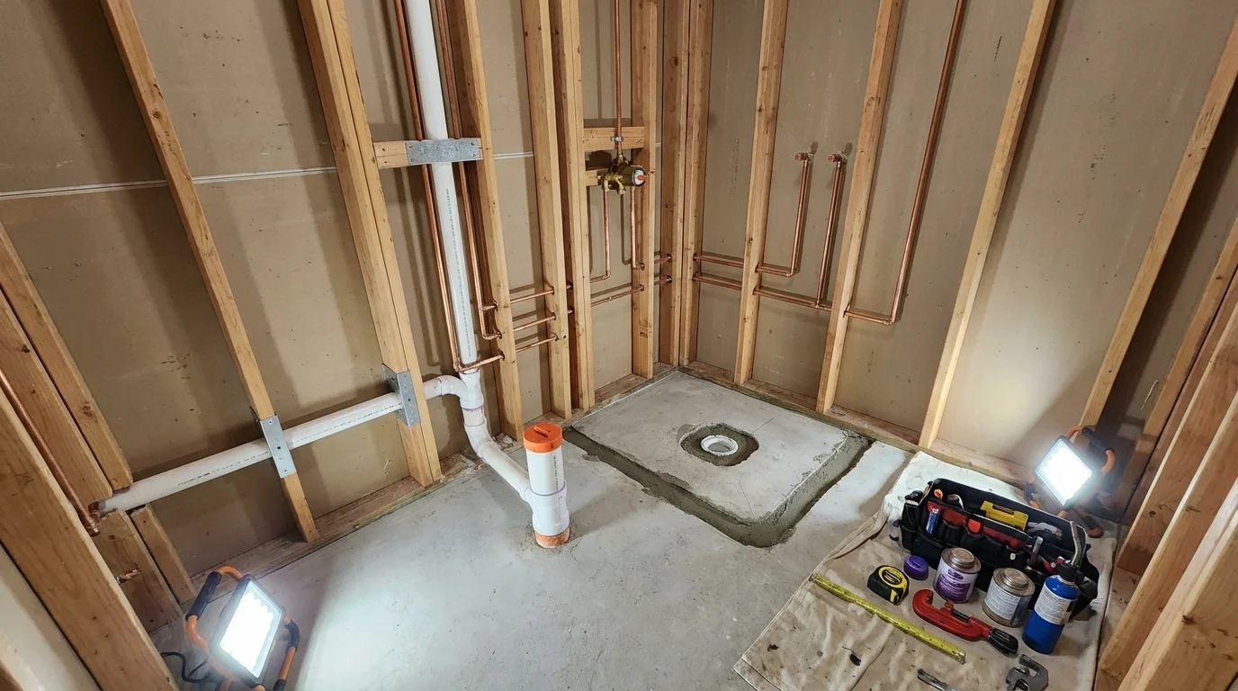 Bathroom rough-in plumbing during remodel by Johns Plumbing LLC in Northport