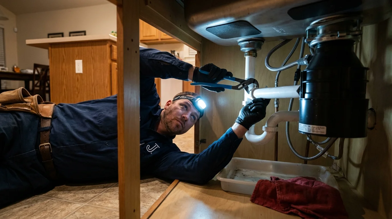P-trap and supply line connections under a kitchen sink showing a common leak point in Northport, AL